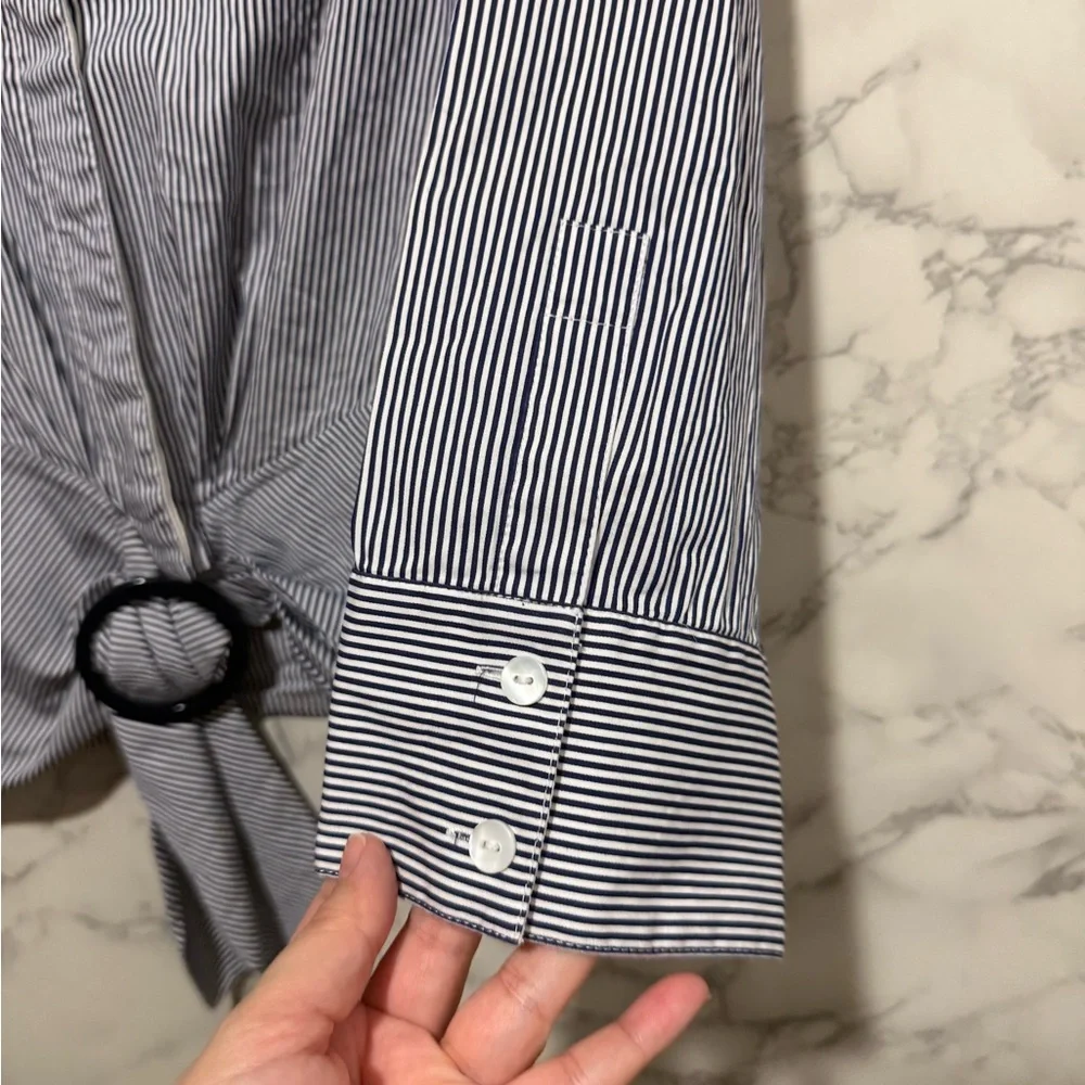 Lafayette 148 New York Navy and White Narrow-Stripe Button Shirt - Picture 3 of 8